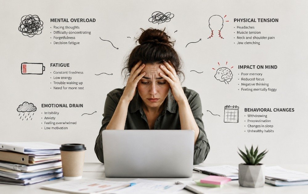 Person experiencing signs of chronic stress including fatigue, tension, and mental overload