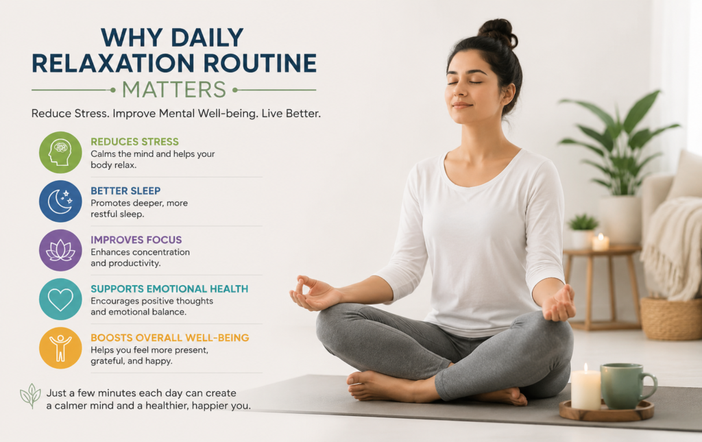 Person practicing daily relaxation routine to reduce stress and improve mental well-being