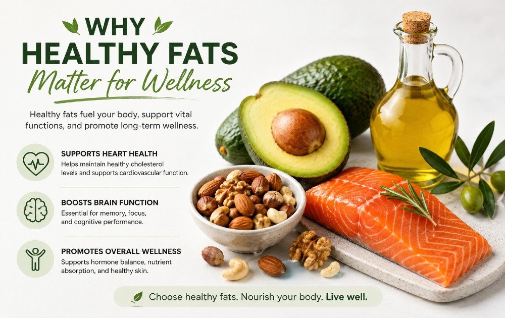 Healthy sources of fats like avocado, nuts, olive oil, and salmon supporting heart health, brain function, and overall wellness