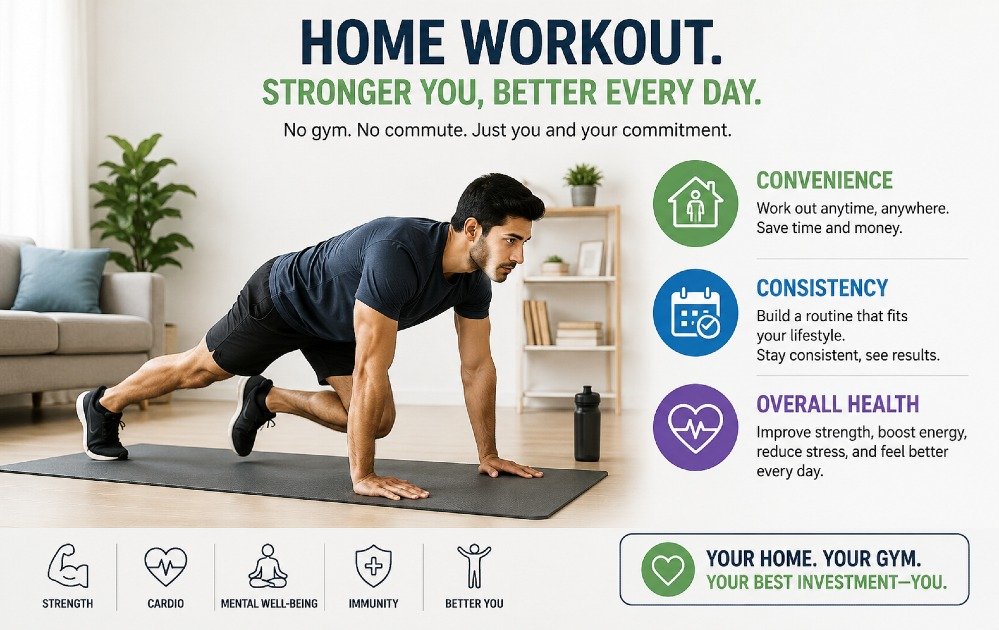 Person performing a home workout using bodyweight exercises, showing how home fitness improves convenience, consistency, and overall health.