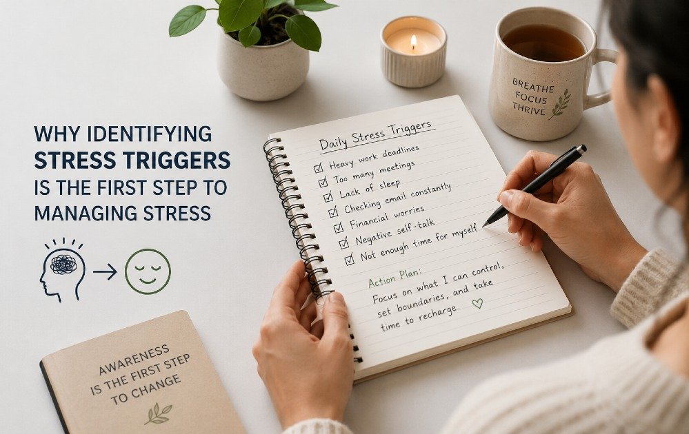Person identifying daily stress triggers in a journal to improve stress management and emotional well-being.