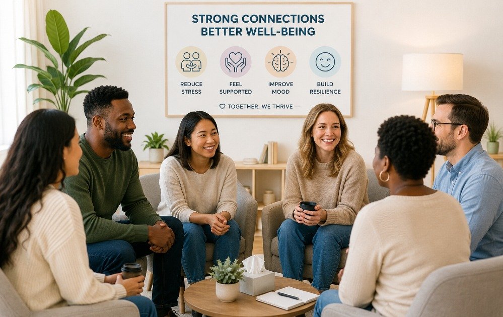 People connecting in a supportive group setting to reduce stress and improve emotional well-being.