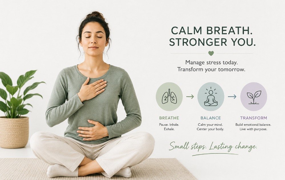 Person practicing calm breathing to manage stress, symbolizing emotional balance and long-term wellness transformation.