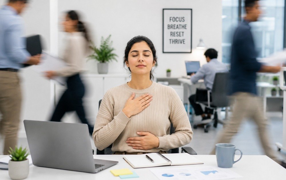Person practicing calm breathing to manage stress in a busy modern environment