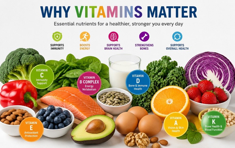Colorful assortment of essential vitamins and nutrient-rich foods supporting overall health, immunity, and daily body function.