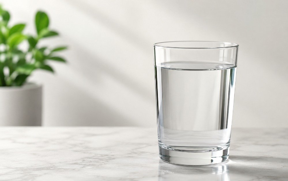 Clear glass of water on a table symbolizing hydration and its essential role in supporting overall human health and body function.