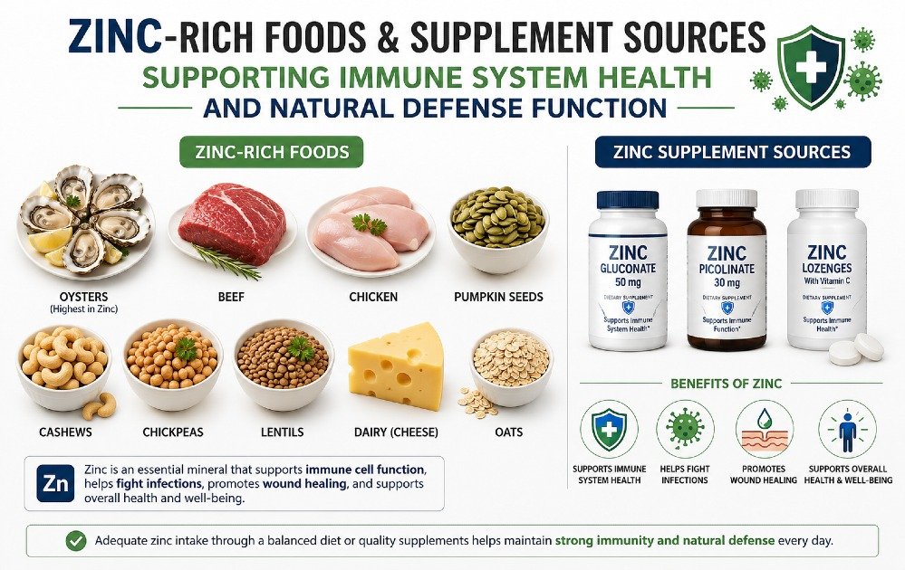 Zinc-rich foods and supplement sources supporting immune system health and natural defense function