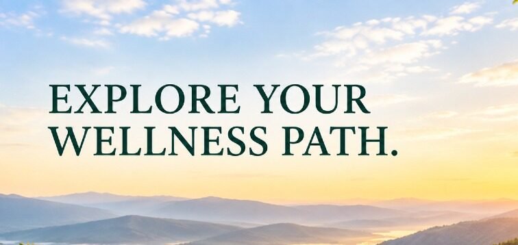 Scenic mountain trail leading through a lush landscape toward a peaceful sunrise