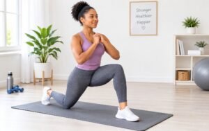 Woman performing a lunge exercise on a yoga mat in a bright home workout space