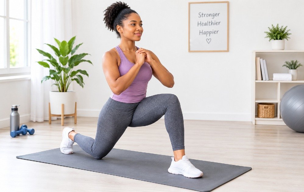 Woman performing a lunge exercise on a yoga mat in a bright home workout space