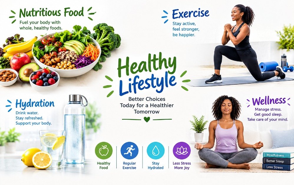 Healthy lifestyle with nutritious food, exercise, hydration, and wellness activities