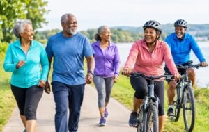 Active older adults walking and cycling together along a scenic lakeside path
