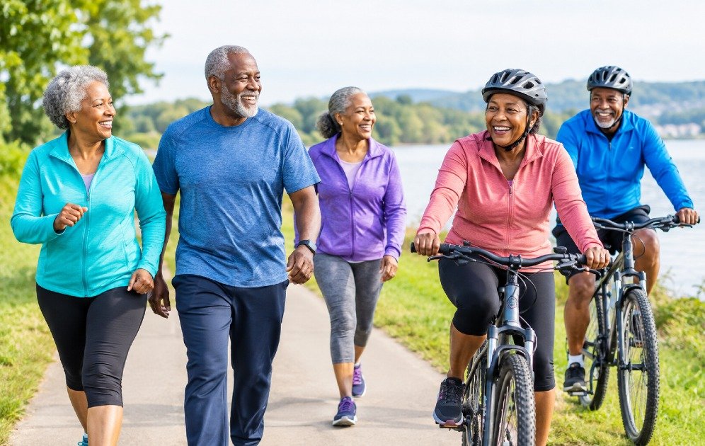 Active older adults walking and cycling together along a scenic lakeside path