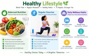 Healthy lifestyle infographic showing balanced nutrition, regular exercise, and daily wellness habits