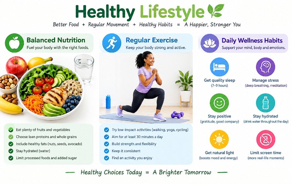 Healthy lifestyle infographic showing balanced nutrition, regular exercise, and daily wellness habits
