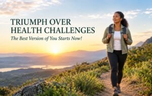 Woman hiking toward a sunrise in the mountains, representing a journey toward better health and wellness
