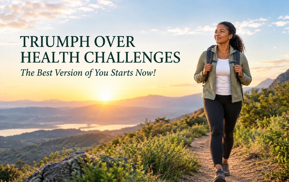 Woman hiking toward a sunrise in the mountains, representing a journey toward better health and wellness