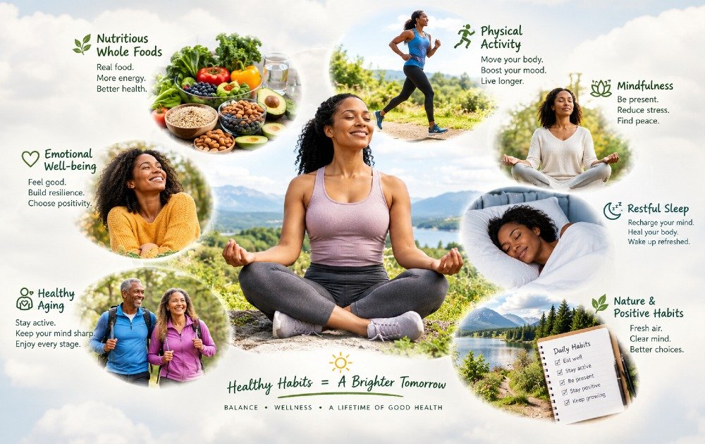 Holistic wellness lifestyle featuring healthy nutrition, physical activity, mindfulness, restful sleep, emotional well-being, healthy aging, and positive daily habits