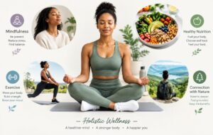 Woman meditating in nature surrounded by images representing nutrition, physical activity, mindfulness, sleep, healthy aging, emotional well-being, and positive habits