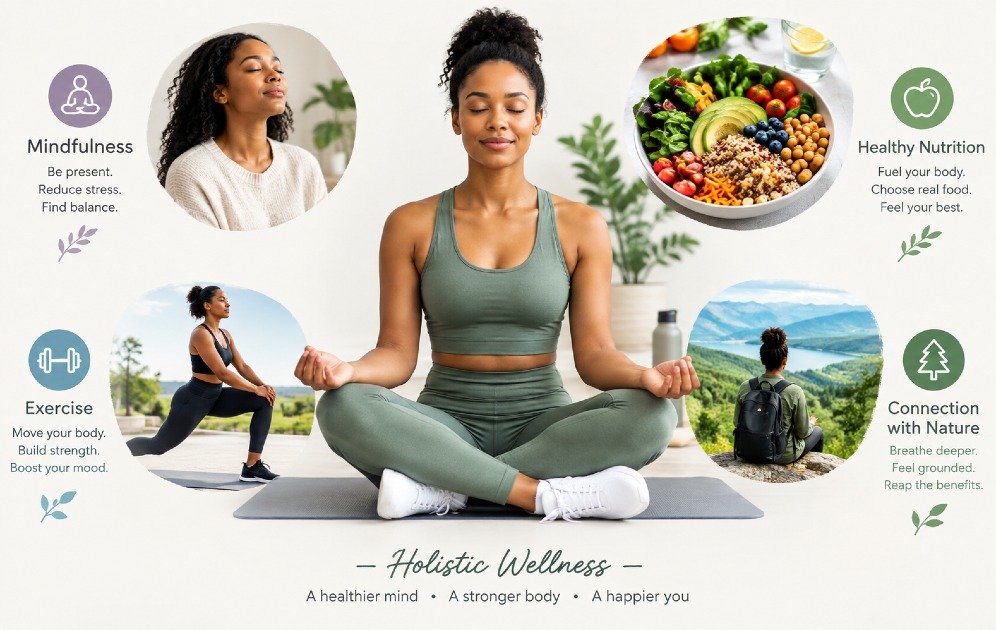 Woman meditating in nature surrounded by images representing nutrition, physical activity, mindfulness, sleep, healthy aging, emotional well-being, and positive habits