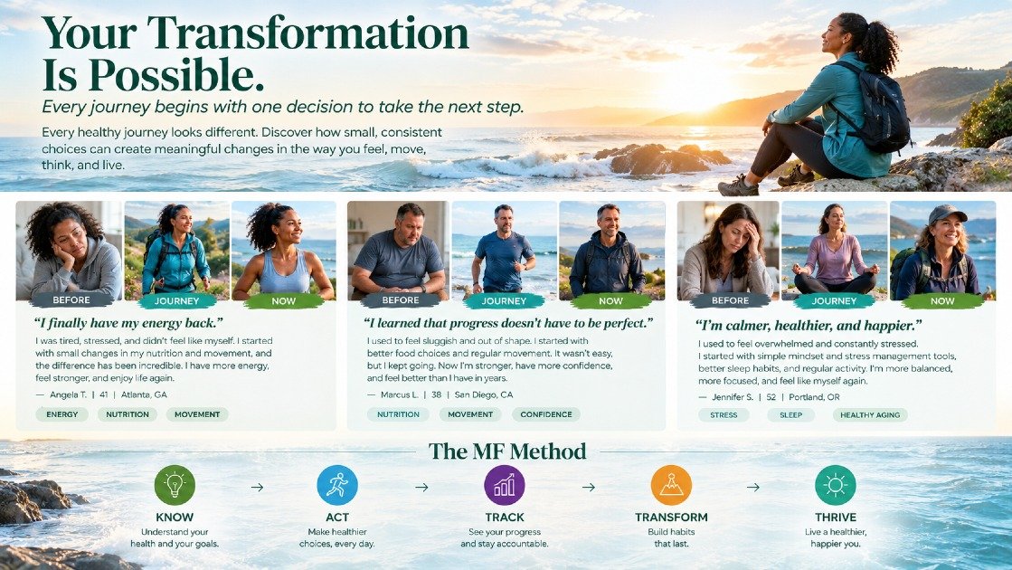 MF Healthy Living transformation stories showing before, journey, and now experiences alongside the five-step MF Method