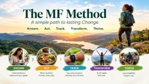 The MF Method wellness journey showing five steps: Know, Act, Track, Transform, and Thrive