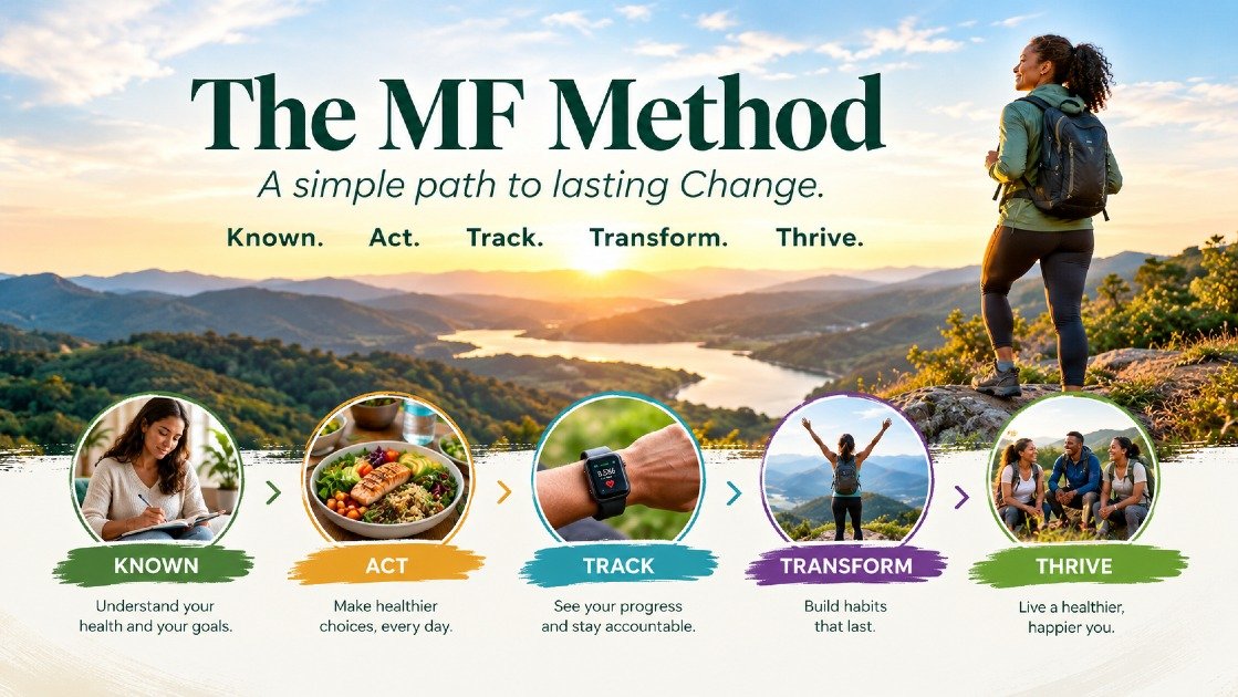 The MF Method wellness journey showing five steps: Know, Act, Track, Transform, and Thrive