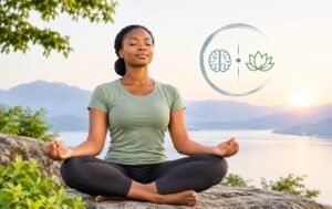 Woman meditating outdoors beside a peaceful lake and mountains, representing mindfulness and inner balance