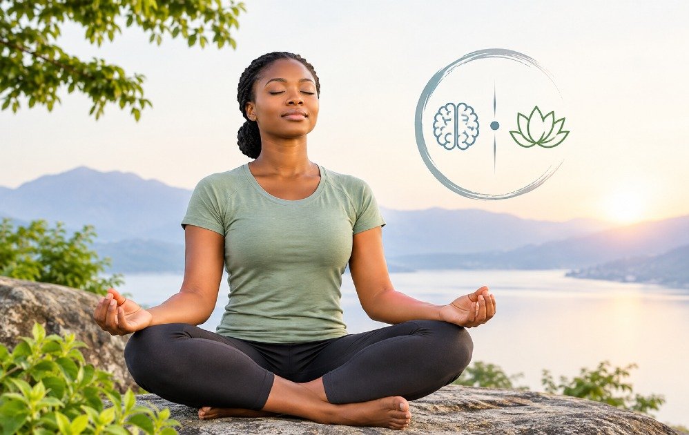 Woman meditating outdoors beside a peaceful lake and mountains, representing mindfulness and inner balance