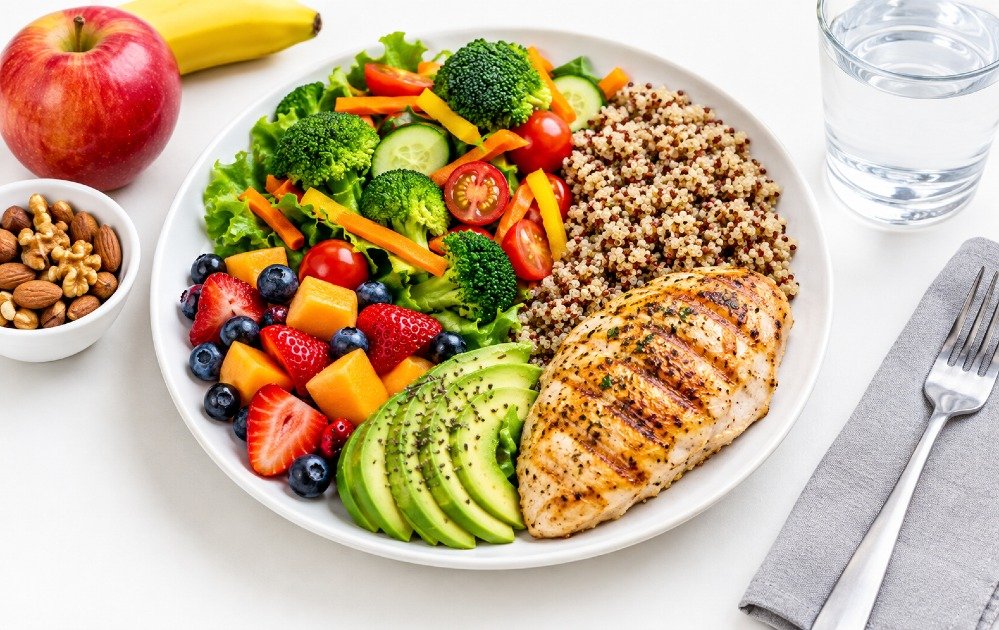 Balanced healthy meal with grilled chicken, quinoa, vegetables, avocado, berries, fruit, nuts, and water