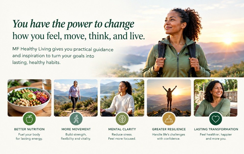 Woman hiking in nature with wellness icons representing nutrition, movement, mental clarity, resilience, and lasting transformation