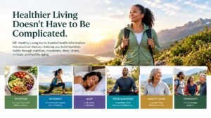 Woman enjoying a mountain landscape with six wellness pillars: nutrition, movement, sleep, stress and mindset, healthy aging, and community