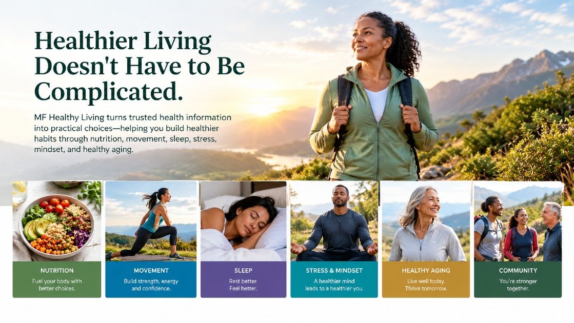 Woman enjoying a mountain landscape with six wellness pillars: nutrition, movement, sleep, stress and mindset, healthy aging, and community
