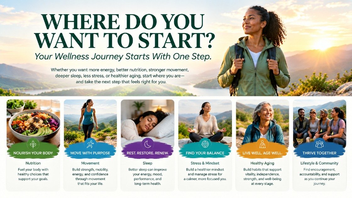 Woman on a mountain trail with six wellness paths: nutrition, movement, sleep, stress and mindset, healthy aging, and lifestyle and community
