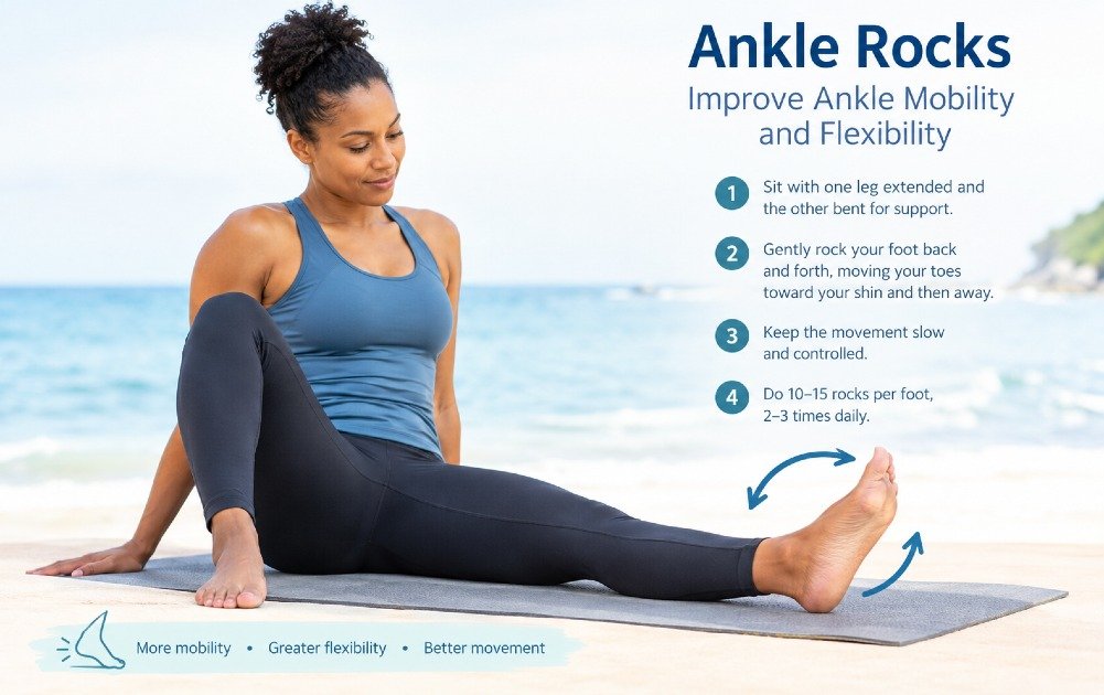 Person performing ankle rocks to improve ankle mobility and flexibility.