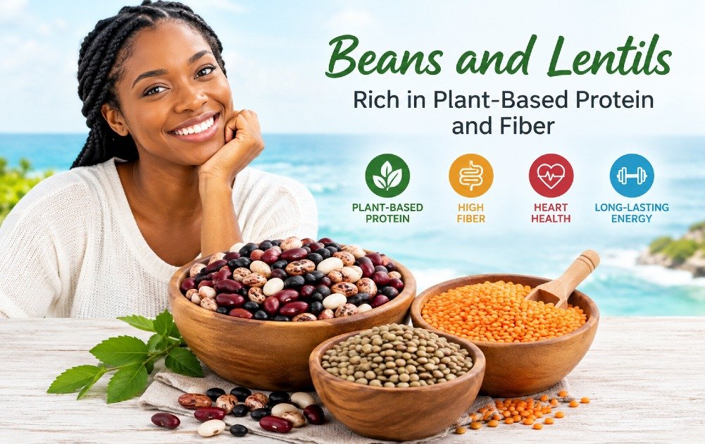 Beans and lentils rich in plant-based protein and fiber.