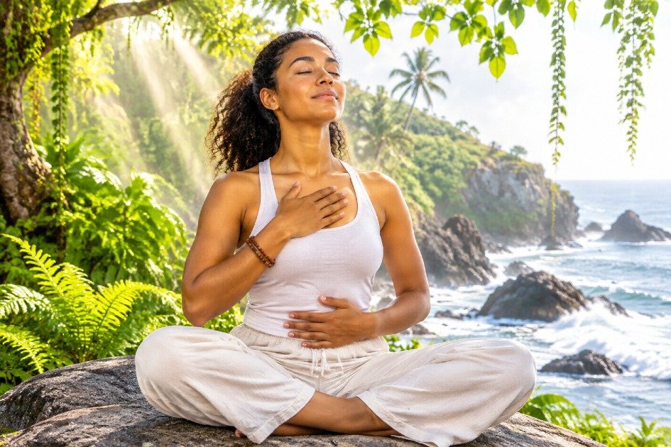Person practicing mindful breathing in the morning to promote calm and focus