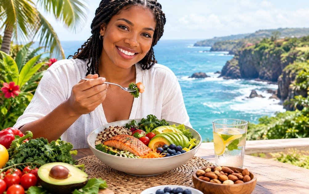 A balanced meal featuring nutrient-dense foods rich in essential vitamins and minerals.