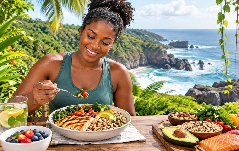 A nutritious meal with vegetables, whole grains, and protein-rich foods.