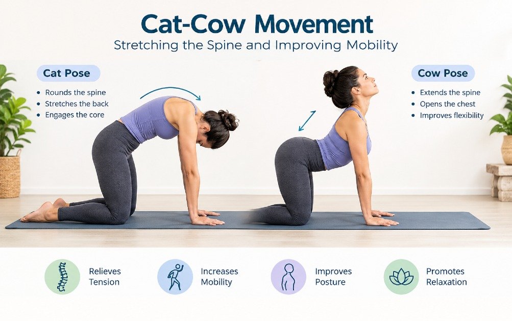 Cat-cow movement stretching the spine and improving mobility.