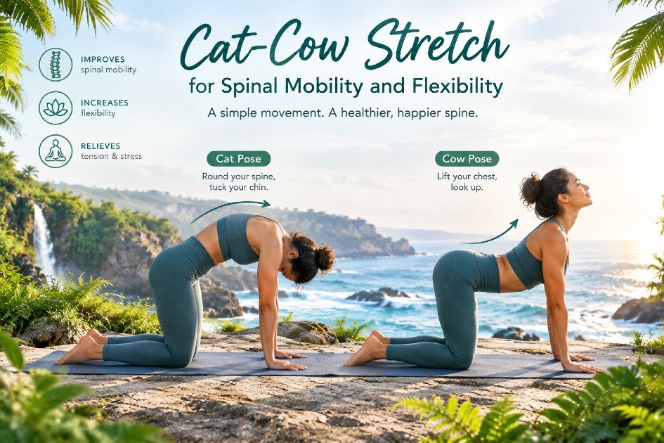 Person performing the Cat-Cow stretch to improve spinal mobility and flexibility.