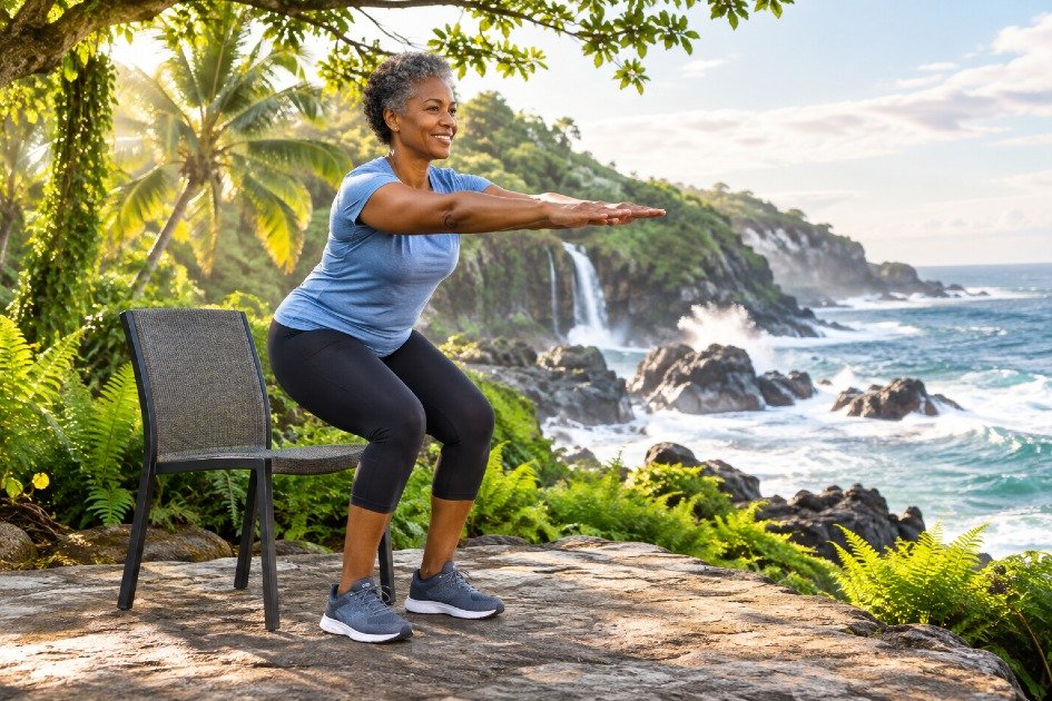 Person practicing the chair sit-to-stand exercise to strengthen leg muscles and improve mobility.