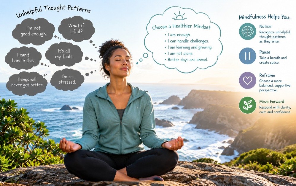 Person practicing mindfulness to challenge unhelpful thought patterns