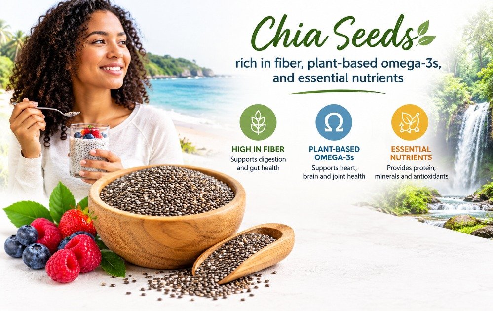 Chia seeds rich in fiber, plant-based omega-3s, and essential nutrients