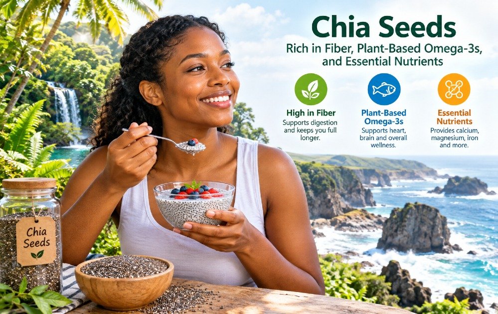 Chia seeds rich in fiber, plant-based omega-3s, and essential nutrients.