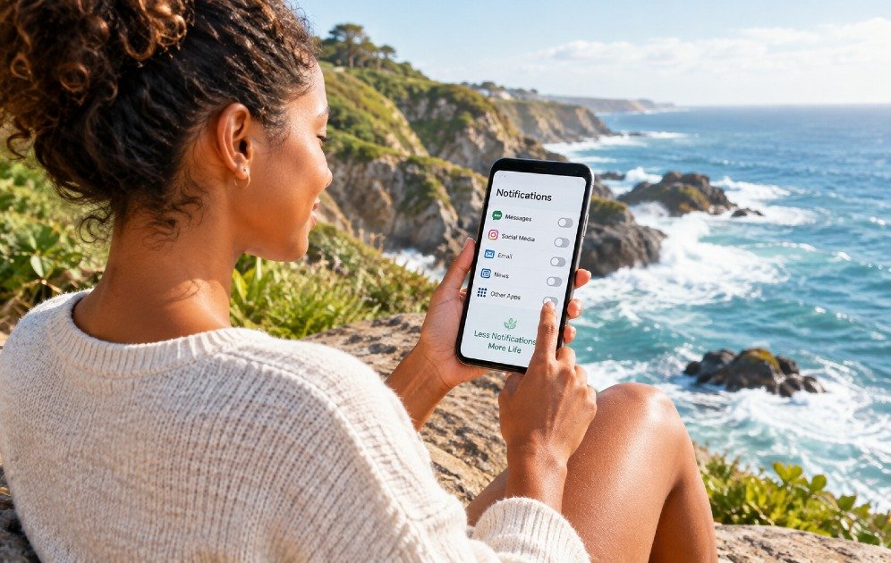 Person setting digital boundaries by turning off smartphone notifications.