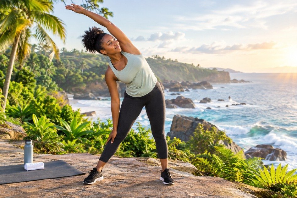 Person following a daily wellness routine with stretching exercises.