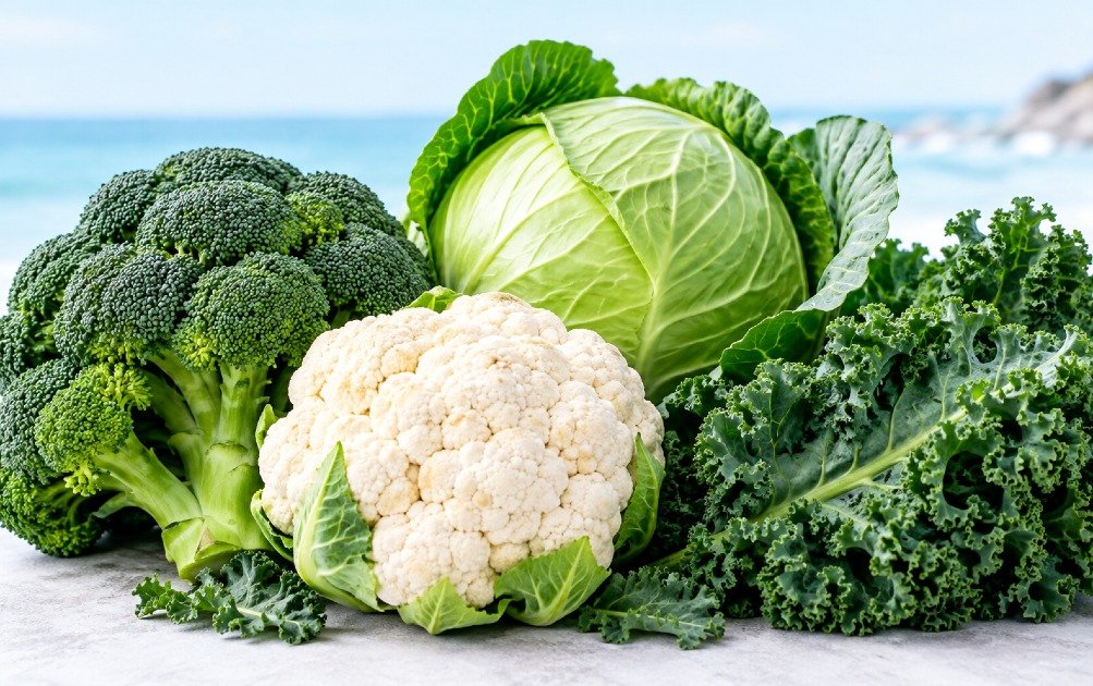 Cruciferous vegetables including broccoli, cauliflower, cabbage, and kale
