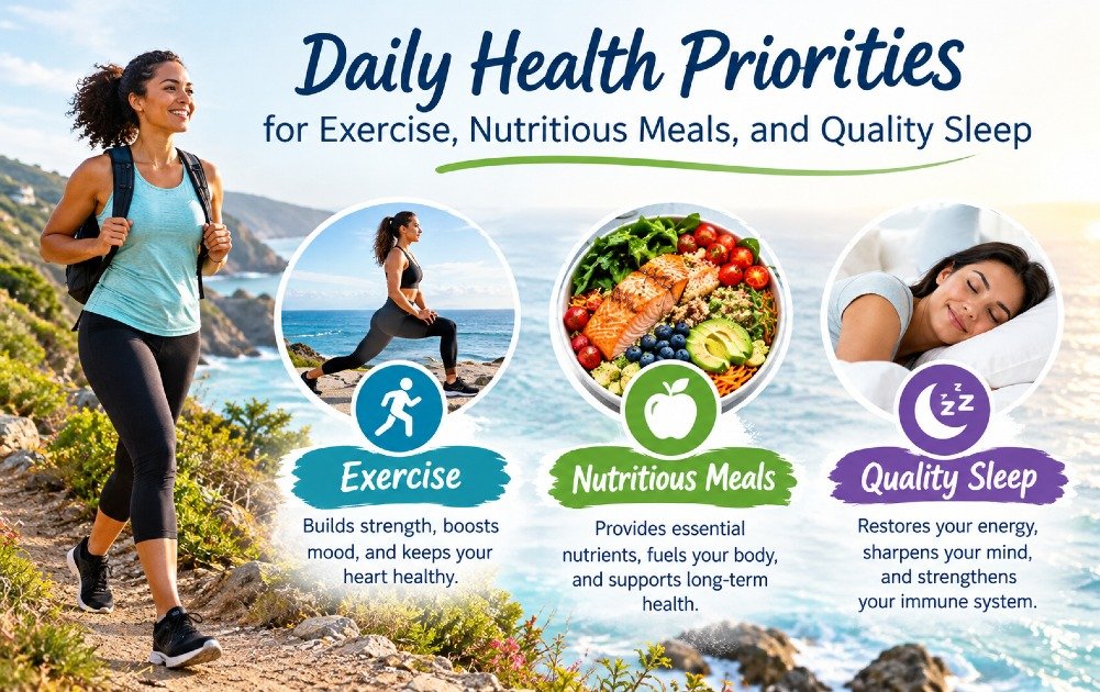 Daily health priorities for exercise, nutritious meals, and quality sleep