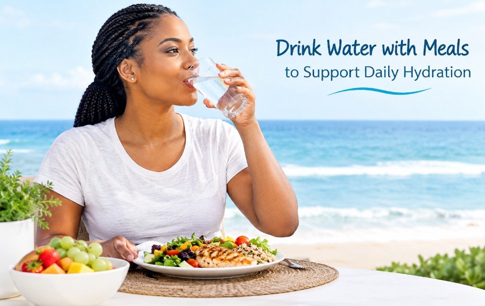 Drinking water with meals to support daily hydration